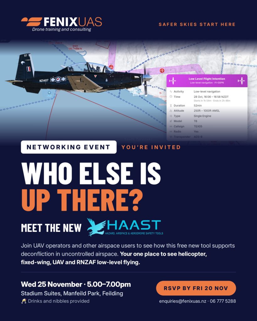 Fenix UAS networking event invitation: Meet the new HAAST, Wednesday 25 November, 5–7pm, Stadium Suites, Manfeild Park, Feilding.